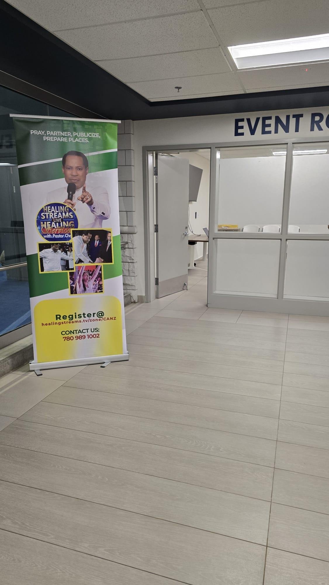 Healing Streams rollup banner at venue entrance
